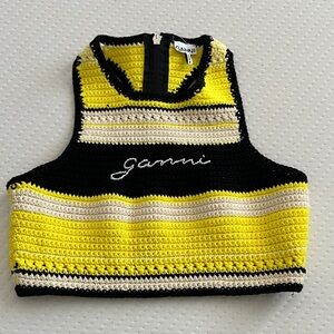 Ganni Striped Yellow and Black Crochet Crop Top
